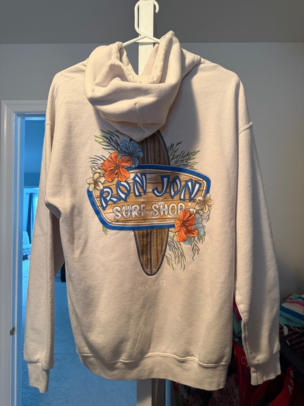 Ron Jon Cream Crewneck Hoodie with Floral Surfboard Graphic